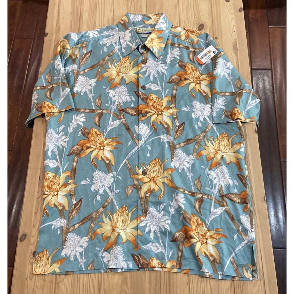 Kahala Hawaiian Shirt Mens XL Blue Silk Floral Aloha Hula Palm Camp Pocket